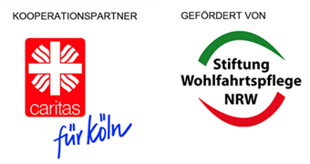 Zu sehen sind die Logos des Kooperationspartners Caritas für Köln und der fördernden Stiftung Wohlfahrtspflege NRW.