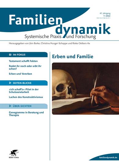 Deckblatt der Fachzeitschrift "Familiendynamik" mit dem Artikel „ich schaff‘s": Pilot-Evaluation eines systemisch-integrativen Beratungsprogramms in der Schulsozialarbeit. 