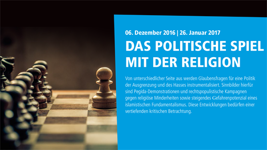 Flyer zur Veranstaltungsreihe "Das politische Spiel mit der Religion" der Forschungsstelle FORENA der Hochschule Düsseldorf