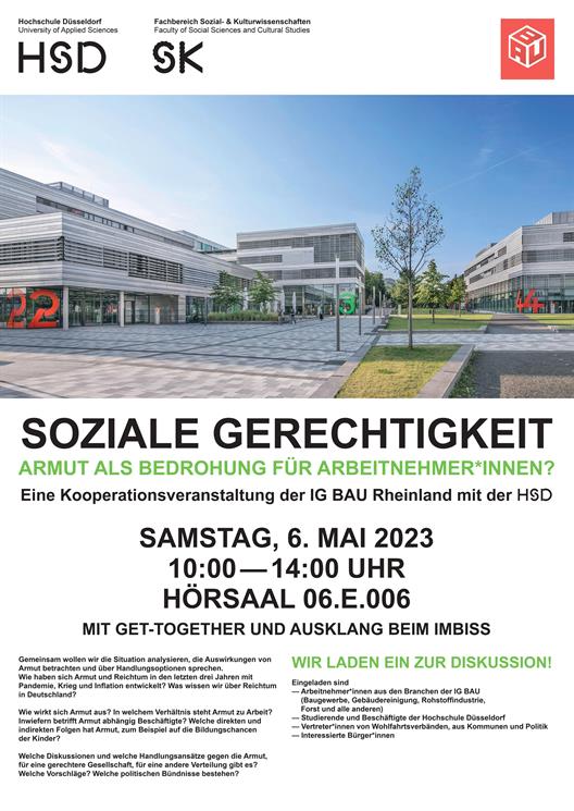 2023 Veranstaltung Plakat Regionaltag „Soziale Gerechtigkeit: Armut als Bedrohung für Arbeitnehmer*innen?“ – eine Kooperationsveranstaltung der IG BAU Rheinland und der Hochschule Düsseldorf