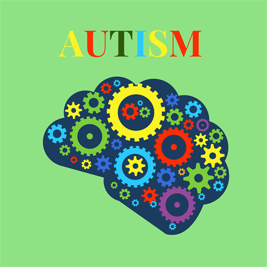 Gehirn mit bunten Zahnrädern drinnen. Und der Aufschrift: Autism