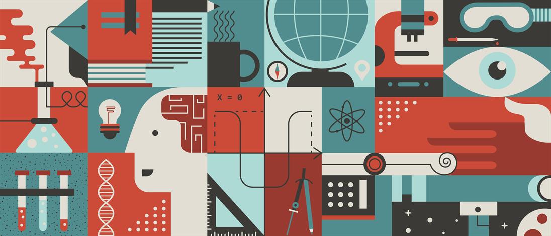 Abstrakte Illustration mit Symbolen aus Wissenschaft, Forschung und Bildung – darunter DNA-Strang, Mikroskop, Gehirn, Globus, Bücher und Diagramme.