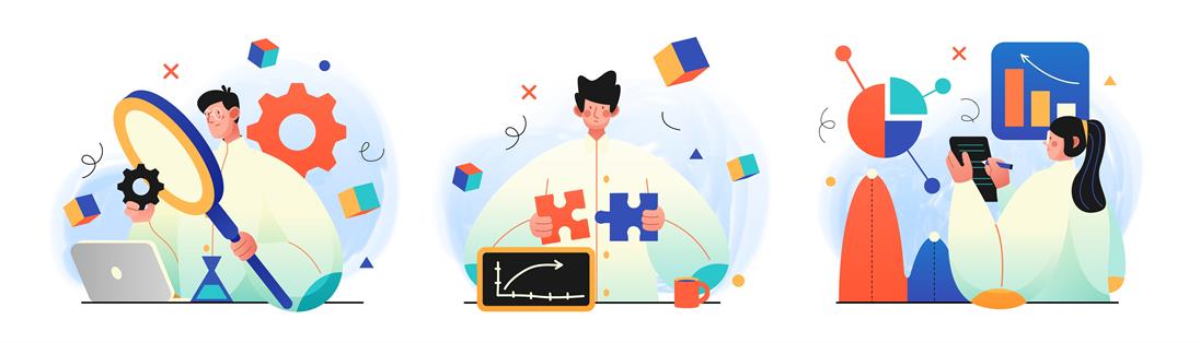Three colorful illustrations: On the left, a person uses a large magnifying glass while holding a gear next to a laptop, symbolizing analysis and problem-solving. In the center, a person holds two puzzle pieces with a chart in front of them, representing strategy and connecting insights. On the right, a person reviews data and diagrams on a clipboard, symbolizing evaluation and reporting.