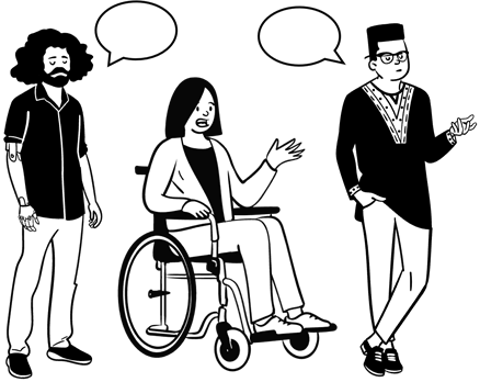 Ein Bild, auf dem drei Personen abgebildet sind. Sie sehen wie Comic-Figuren aus. Neben zwei Personen ist eine Sprechblase abgebildet und bei einer Person ist der Mund geöffnet, wie wenn man spricht. Zwei der Personen haben eine von außen sichtbare Behinderung: Eine Person hat eine Armprothese, die andere Person nutzt einen Rollstuhl.