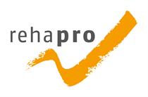 Logo von RehaPro. Reha in dünner Schrift, Pro in dicker, Schriftfarbe grau. Eine dunkelgelbe Linie geht mit einem Schwung von der Mitte des Namens nach rechts oben weg. 