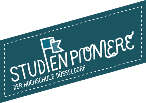 Es ist das Logo des Forschungsprojektes Studienpioniere zu sehen, welches den Schriftzug "Studienpioniere der Hochschule Düsseldorf" zeigt.