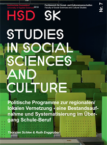 Cover of the publication series "Studies in Social Sciences". The title is written in large white in the HSD font, below is the title "Political programs for regional/local networking - a stock-taking and systematization in the transition from school to work" in Arial bold. Underneath, Arial in italics, are the authors: Thorsten Schlee and Ruth Enggruber. In the background you can see a lecture hall with green chairs.