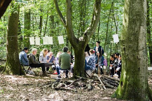 Eine Gruppe von Studierenden sitzt im Rahmen eines Seminars auf Hockern in einem Wald und diskutiert.