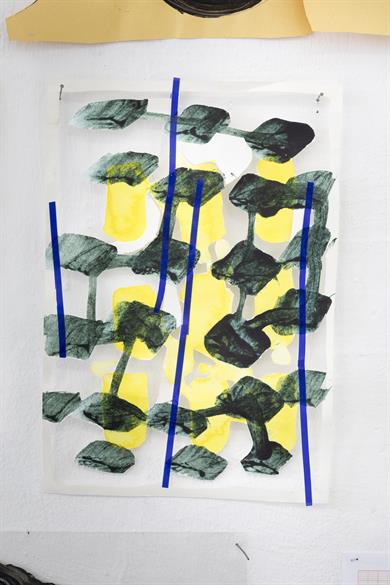 "Floating Piers 1“, 2019, Watercolour, blue duct tape, 45 cm x 30 cm