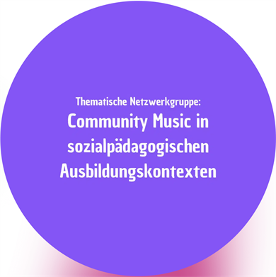 Ein lilaner Kreis auf dem: Thematische Netzwerkgruppe - Community Music in Sozialpädagogischen Ausbildungskontexten steht