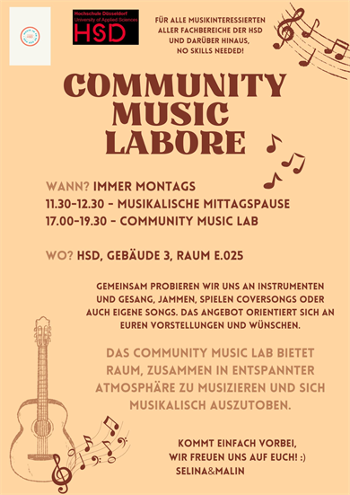 Community Music Lab montags von 12.30 - 13.30 und 17.00 - 19.30 Uhr 