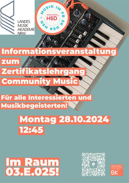 Am 28.10 findet um 12:45 Uhr eine Informationsveranstaltung zum Zertifikatslehrgang Community Music and der HSD im Raum 3.E.025 statt. 